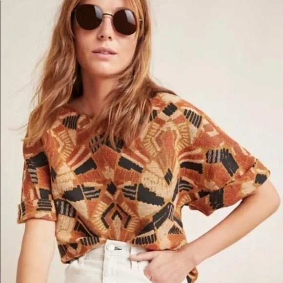 Anthropologie Dolan Seraphina Brown Tan Textured Short Sleeve Shirt Plus Size 1X - Picture 1 of 12